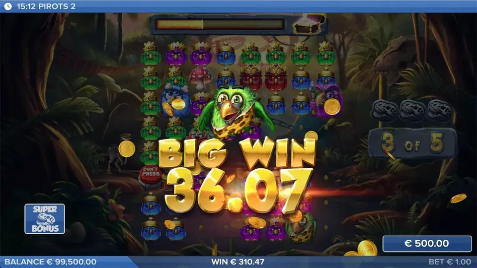 Pirots 2 großer Gewinn-Bildschirm mit Gewinnanimation