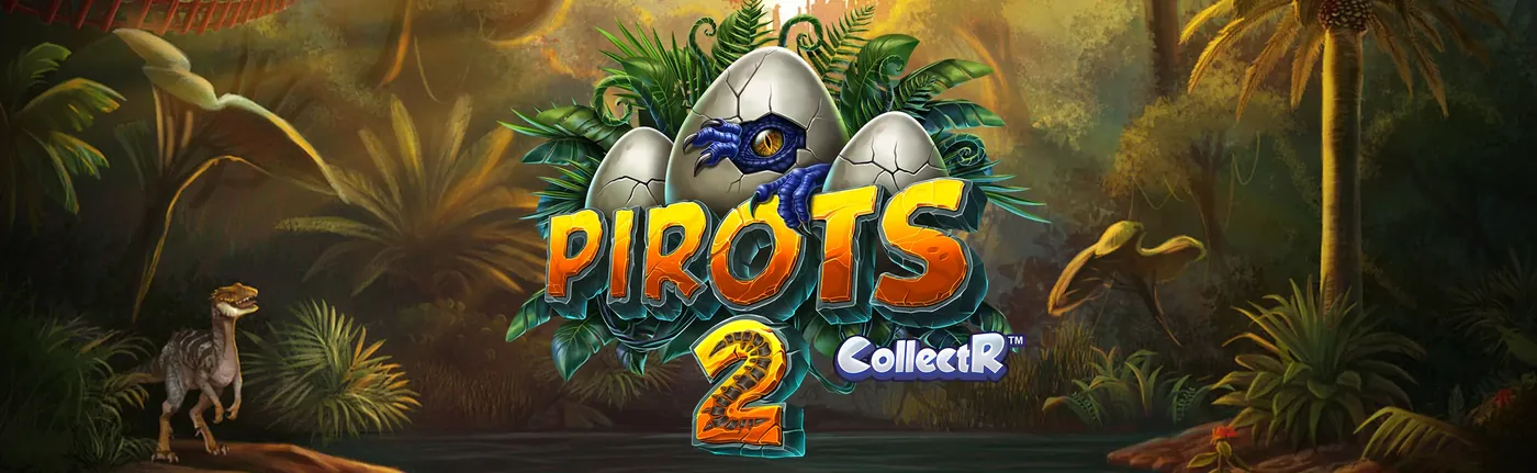 Pirots 2 Werbebanner mit Dinosauriern und Vögeln