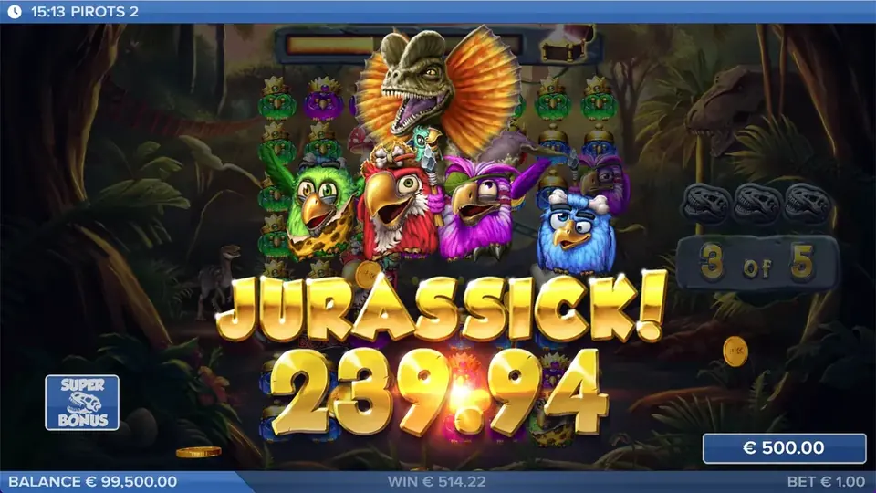 Pirots 2 Jurassick Gewinn-Bildschirm mit Gewinnanimation