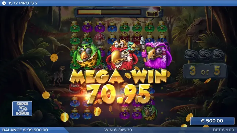 Pirots 2 Mega Gewinn-Bildschirm mit Gewinnanimation
