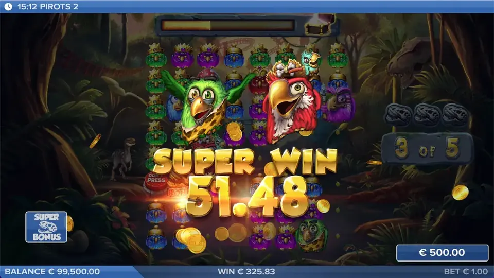 Pirots 2 Super Gewinn-Bildschirm mit Gewinnanimation