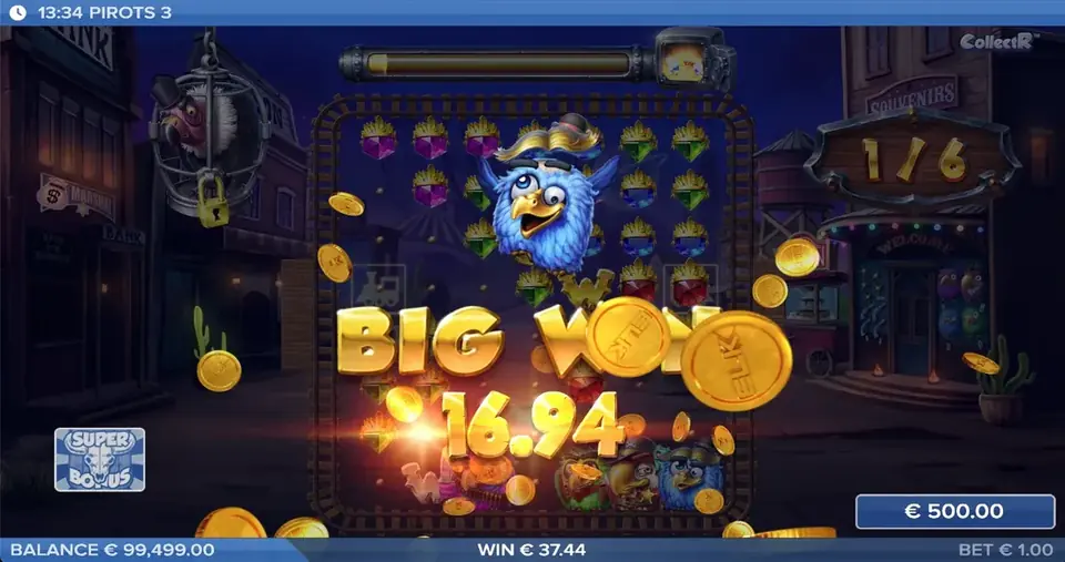 Pirots 3 großer Gewinn-Bildschirm mit Gewinnanimation