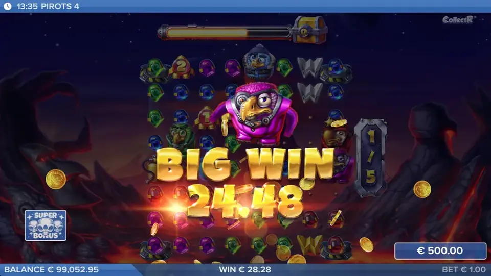 Pirots 4 großer Gewinn-Bildschirm mit Gewinnanimation in Inferno