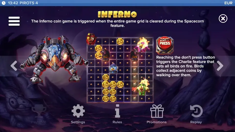 Pirots 4 Auszahlungstabelle Level 7 mit Symbolen und Werten in Inferno