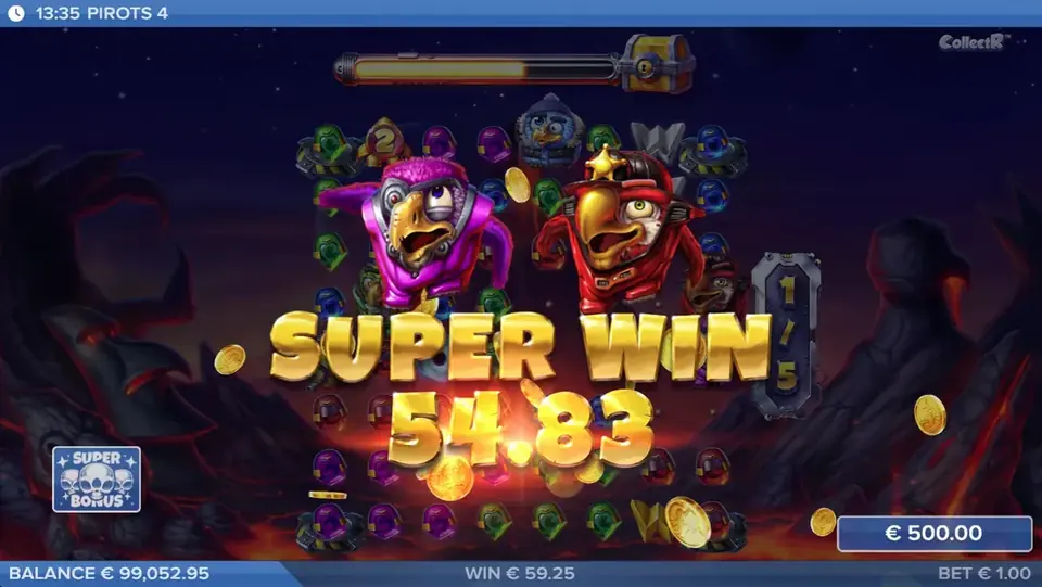 Pirots 4 Super Win Gewinnbildschirm in Inferno