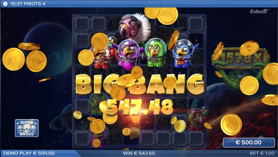 Pirots 4 Big Bang Gewinnbildschirm in Lost in Space