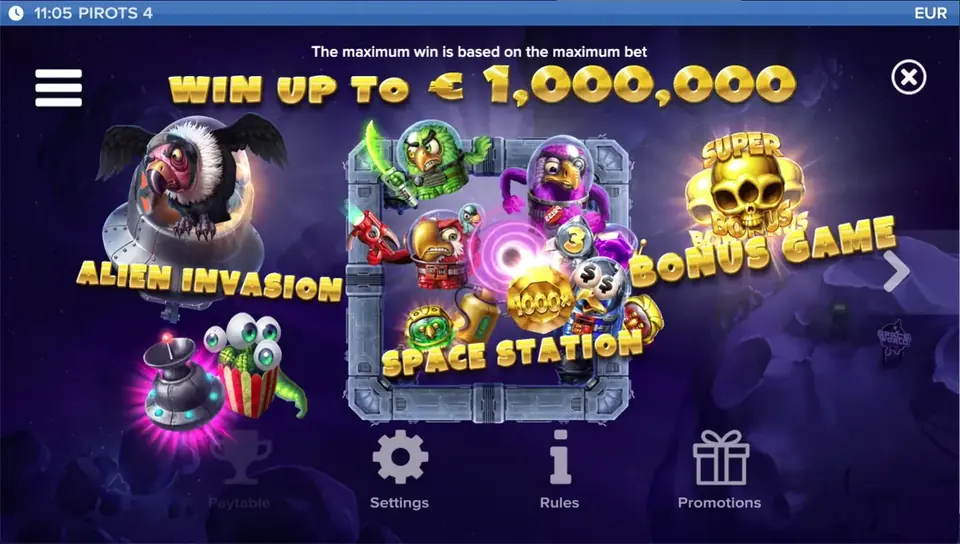 Pirots 4 Auszahlungstabelle Level 1 mit Symbolen und Werten in Lost in Space