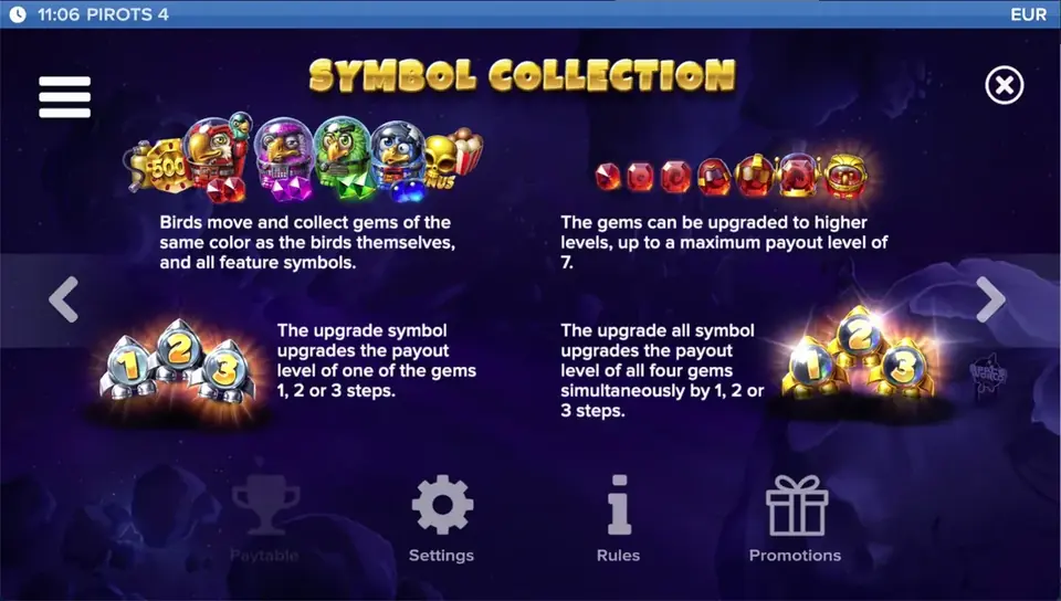 Pirots 4 Auszahlungstabelle Level 2 mit Symbolen und Werten in Lost in Space