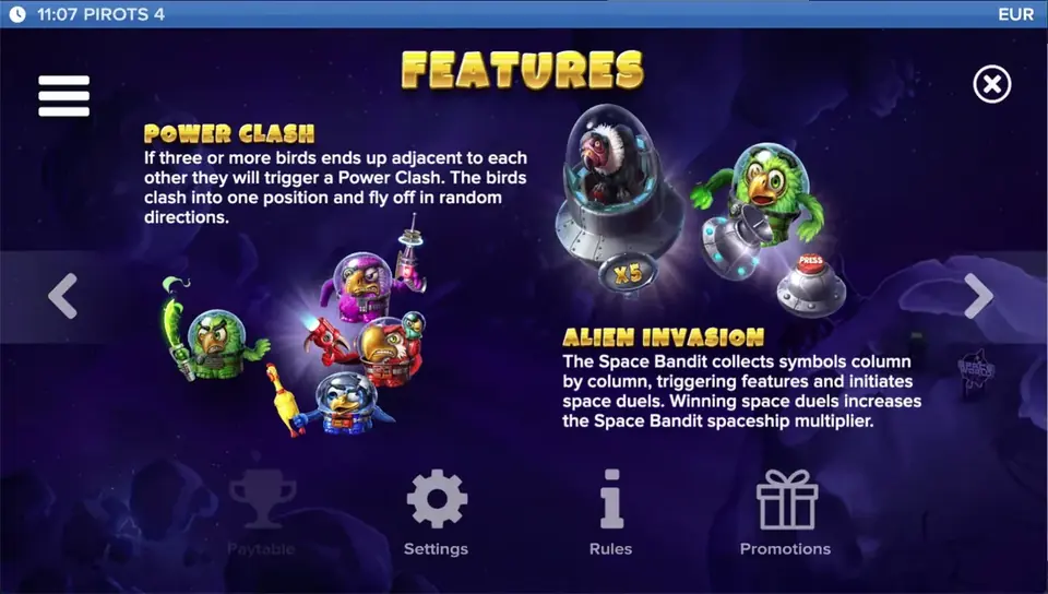 Pirots 4 Auszahlungstabelle Level 5 mit Symbolen und Werten in Lost in Space