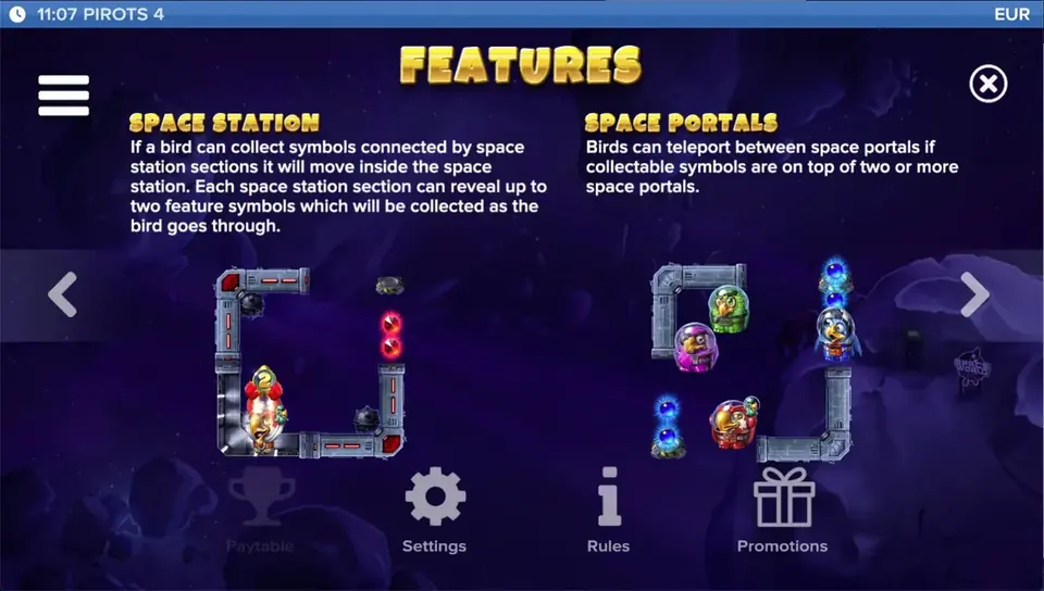 Pirots 4 Auszahlungstabelle Level 6 mit Symbolen und Werten in Lost in Space