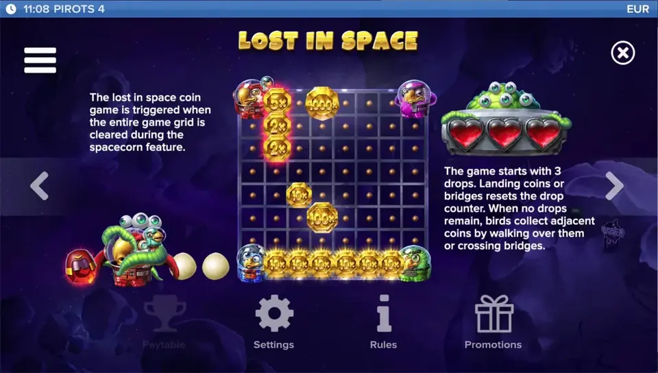 Pirots 4 Auszahlungstabelle Level 7 mit Symbolen und Werten in Lost in Space