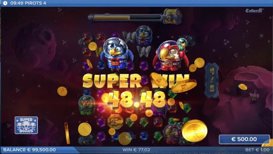 Pirots 4 Super Win Gewinnbildschirm in Lost in Space