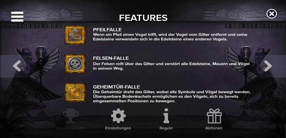 Infobildschirm zu den Fallen in Pirots 5: Pfeilfalle, Felsbrocken und Geheimtür