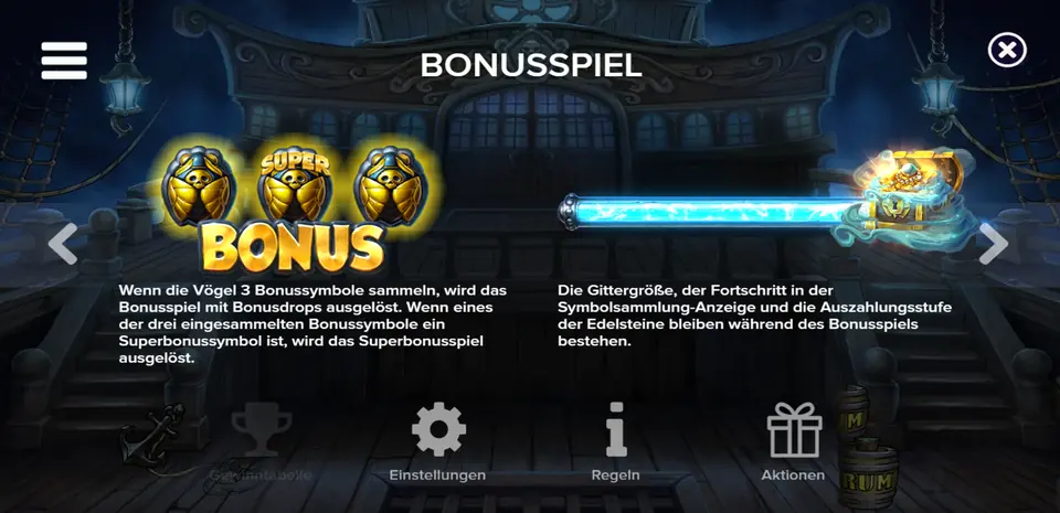 Infobildschirm zum Bonusspiel und Super Bonus in Pirots 5 The Kraken