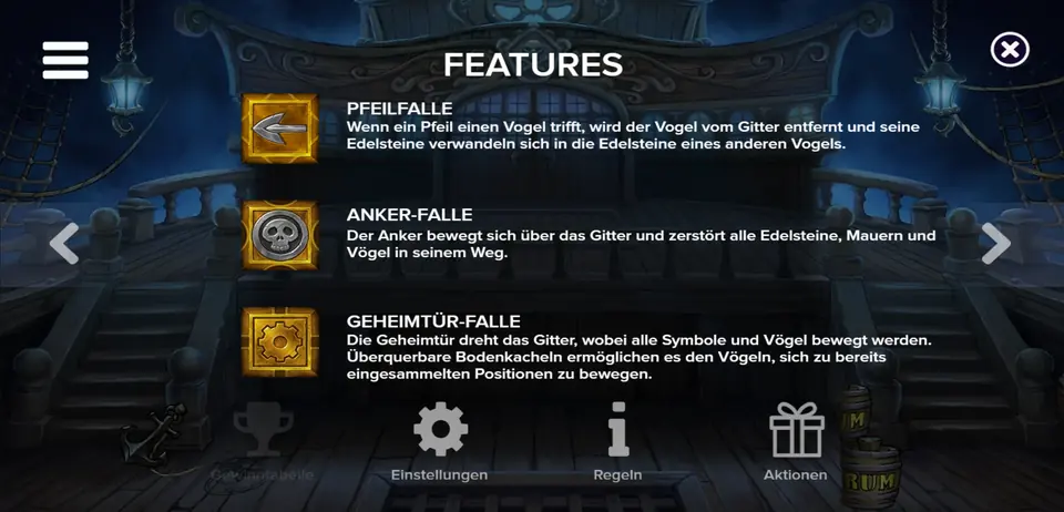 Infobildschirm zu den Fallen in Pirots 5 The Kraken: Pfeilfalle, Anker-Falle und Geheimtür-Falle