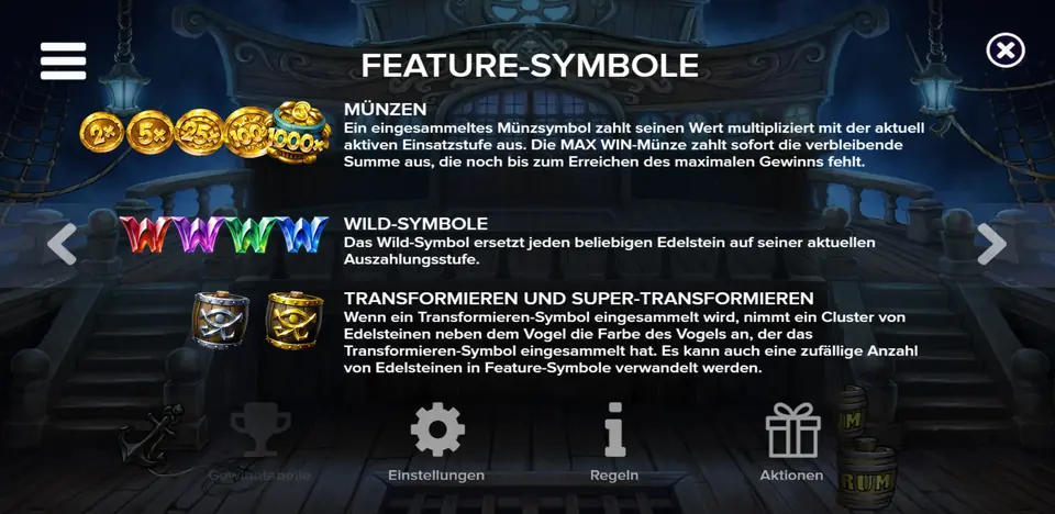 Übersicht der Feature-Symbole in Pirots 5 The Kraken: Münzen, Wilds und Transformationssymbole