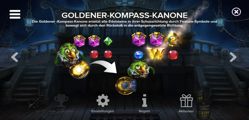 Erklärungsbildschirm der Goldener-Kompass-Kanone in Pirots 5 The Kraken
