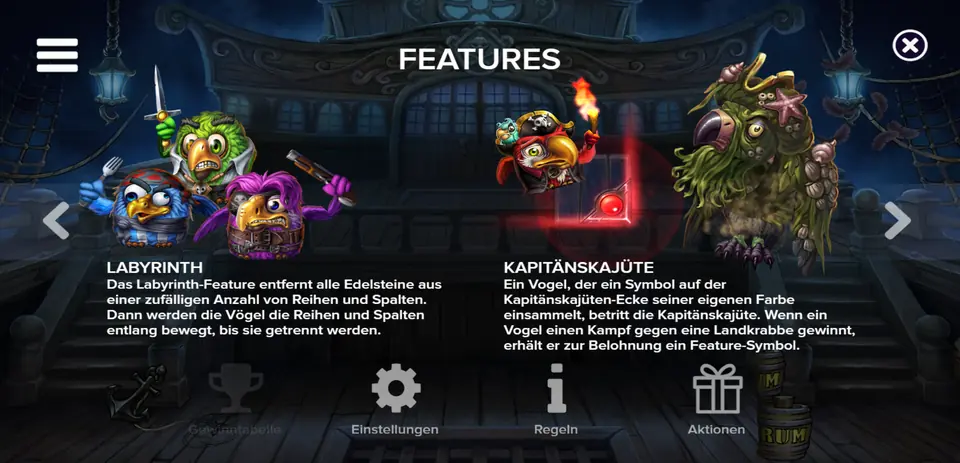 Infobildschirm zu Labyrinth und Kapitänskajüten in Pirots 5 The Kraken
