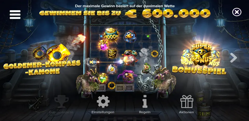 Werbebildschirm von Pirots 5 The Kraken mit Goldener-Kompass-Kanone, Super Bonusspiel und Maximalgewinn