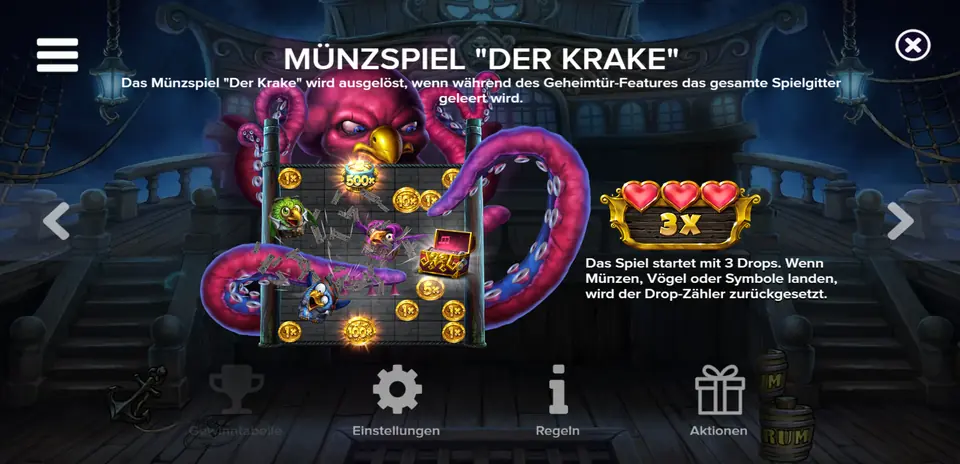 Das Kraken-Münzspiel in Pirots 5 mit Spieluhr, Tentakeln und drei Drops