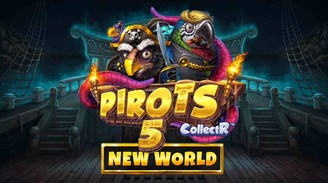 Pirots 5 New World Werbebanner mit Captain Redfeather, Aaron und den Tentakeln des Krakens