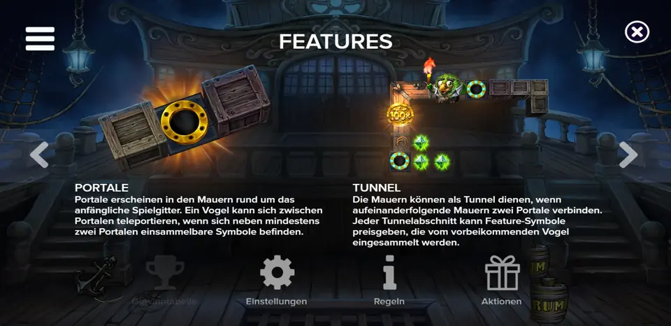 Infobildschirm zu Portalen und Tunneln in Pirots 5 The Kraken