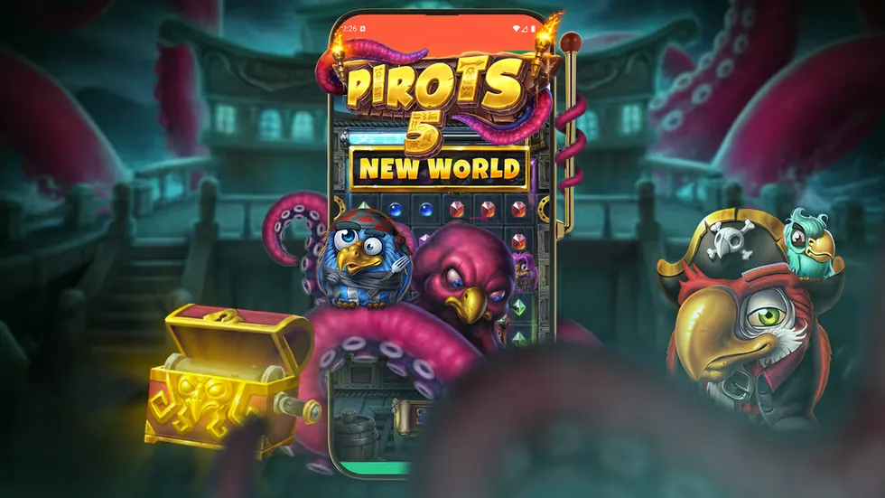 Pirots 5 The Kraken auf dem Smartphone mit Spielfeld, Schatztruhe und Tentakeln