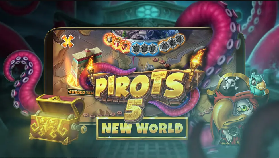 Pirots 5 The Kraken auf dem Handy mit der Weltenauswahl Cursed Temple am oberen Rand