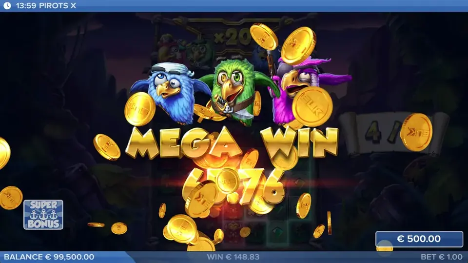 Pirots X Mega-Gewinn-Bildschirm mit Gewinnanimation